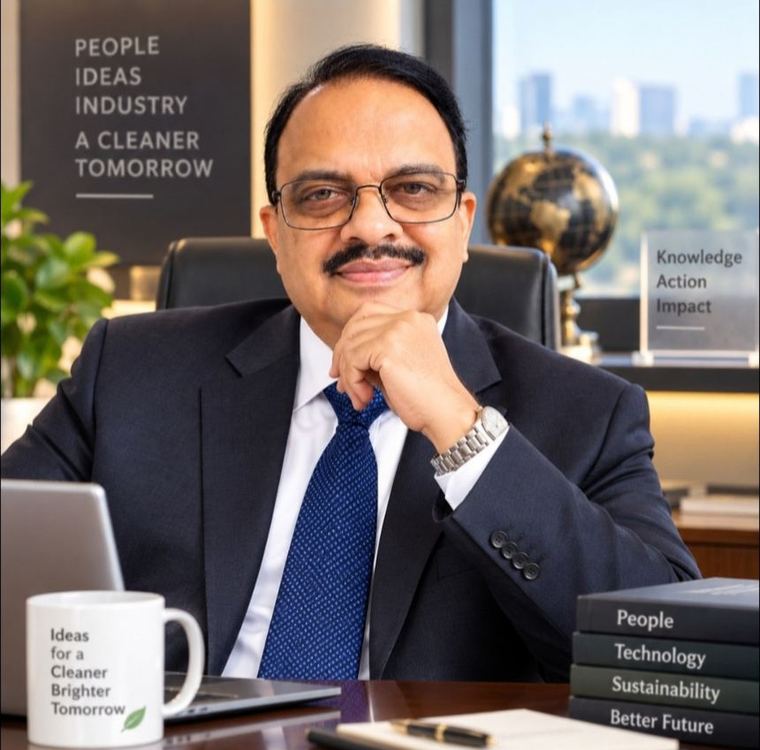 Dr Hegde seated at his desk, chin resting on his hand, with books labelled People, Technology, Sustainability and Better Future