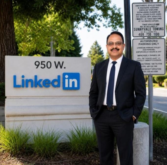 Dr Hegde in a suit beside the LinkedIn headquarters sign