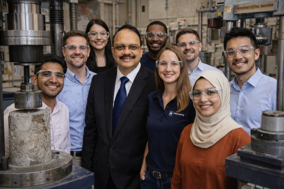 Dr Hegde with eight young researchers in safety glasses in a materials testing laboratory beside a universal testing machine
