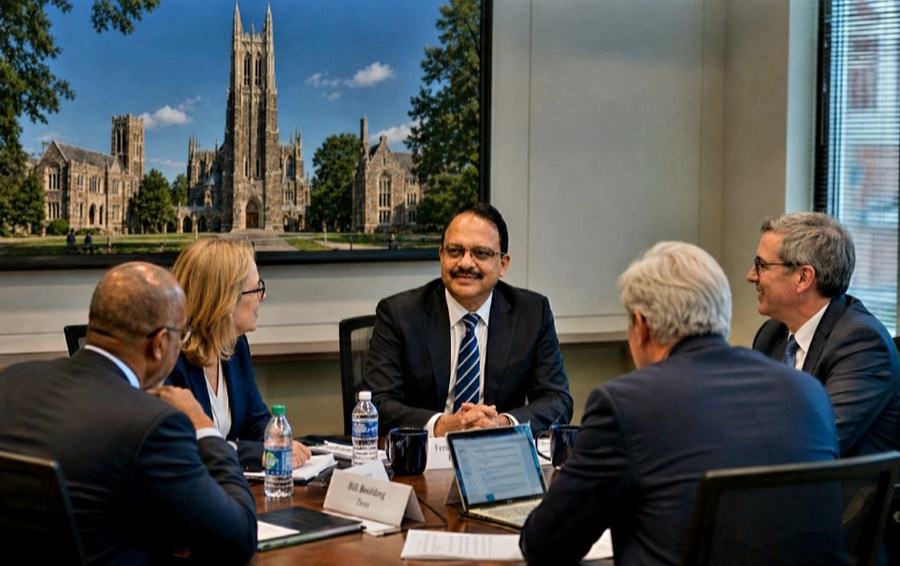 Dr Hegde in discussion with four colleagues around a meeting table at Pennsylvania State University
