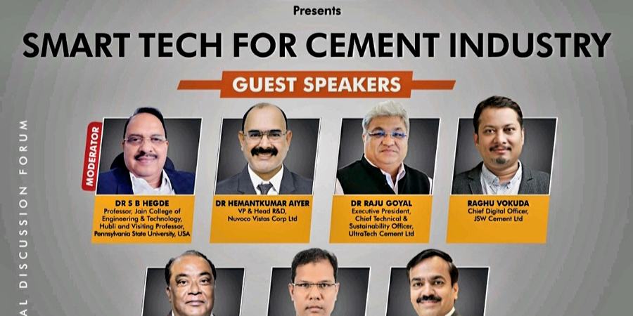 Event poster for Smart Tech for Cement Industry listing Dr S B Hegde as moderator